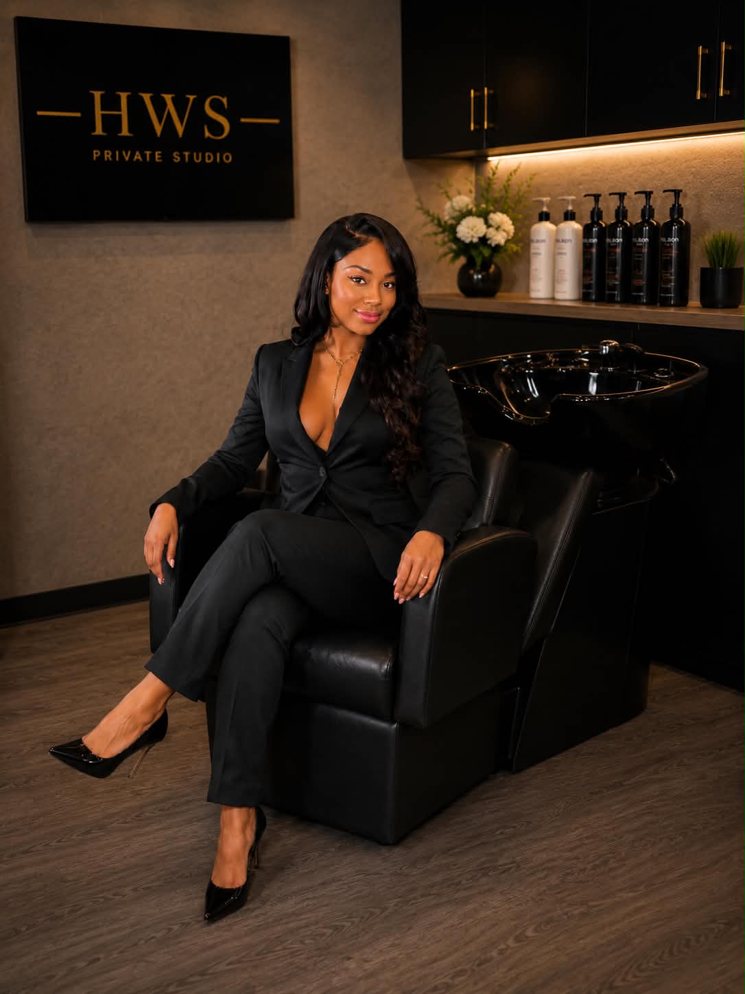 Danni, owner of Hair Weaving Solutions, seated at the wash station in her private studio